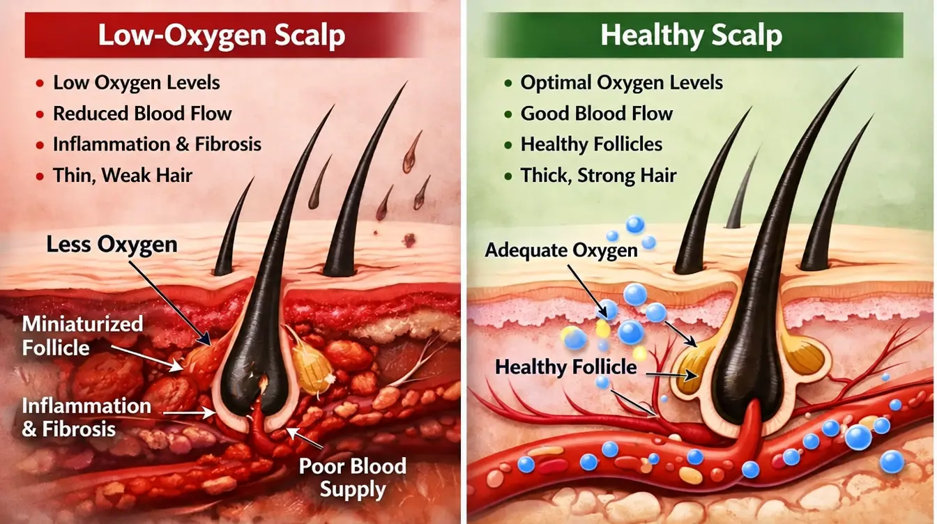 Low-oxygen scalp vs healthy scalp — follicle comparison